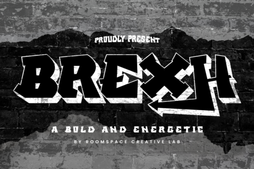 Graffiti-style BREXTH font display on weathered brick wall with white outlined letters