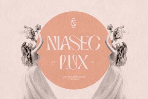 Niasec Lux display sans serif font with ethereal figures holding flowers on peachy circular background