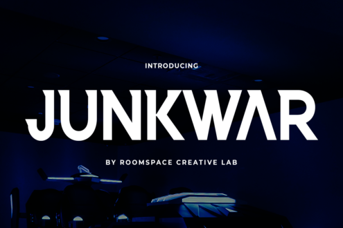 Futuristic spaceship silhouette introducing Junkwar font by Roomspace Creative Lab on dark blue