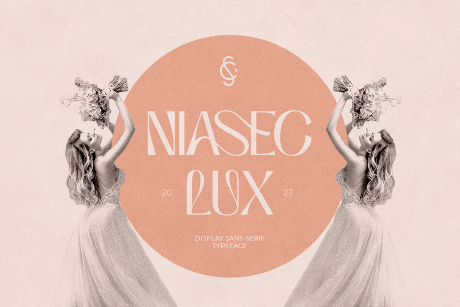 Niasec Lux display sans serif font with ethereal figures holding flowers on peachy circular background