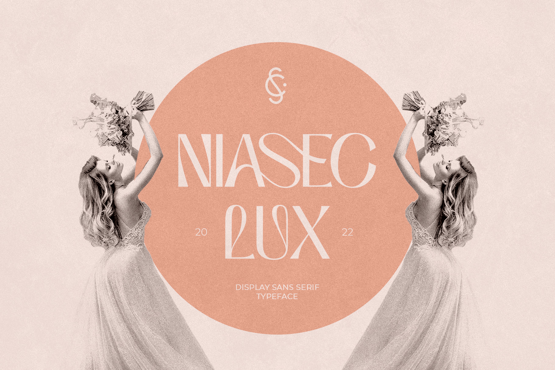 Niasec Lux display sans serif font with ethereal figures holding flowers on peachy circular background