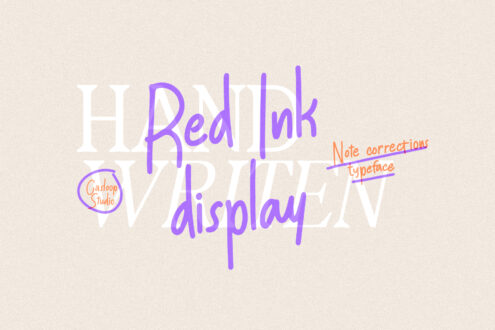 Headliner display typeface with purple overlapping letters, orange handwritten notes, Gasloop Studio logo on cream background
