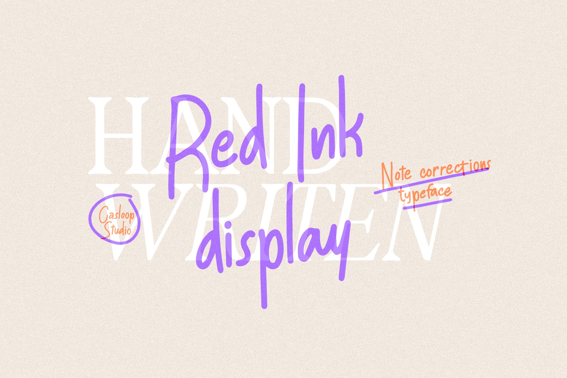 Headliner display typeface with purple overlapping letters, orange handwritten notes, Gasloop Studio logo on cream background