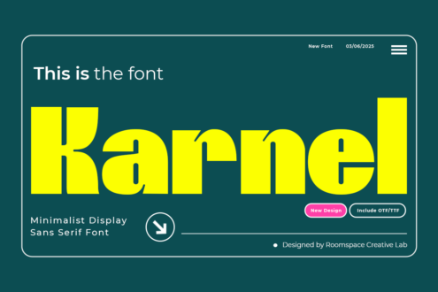 Teal interface showing neon yellow sans serif display font name with clean branding layout