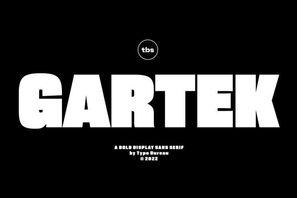 Cartek bold display sans serif font on black background with type bureau credit