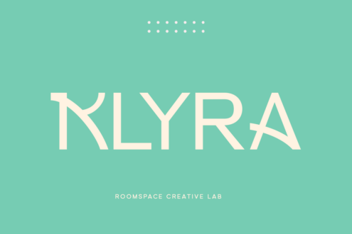 Klyra typeface display in large cream lettering on solid teal backdrop with dots