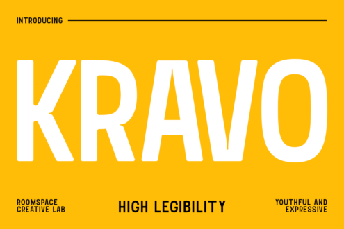 Large white Kravo typeface on yellow background labeled youthful expressive