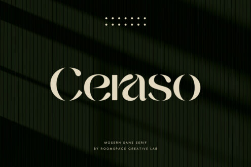 Ceraso modern sans serif font display on green vertical striped backdrop