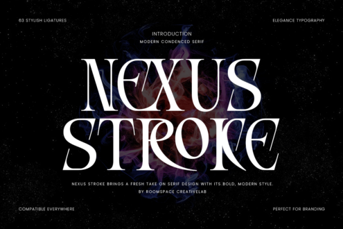 Nexus Stroke serif font with swirling purple smoke on starry black background