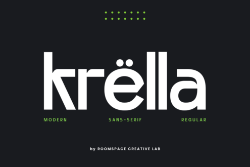 Krella sans serif typeface display in white with green dots above, dark background
