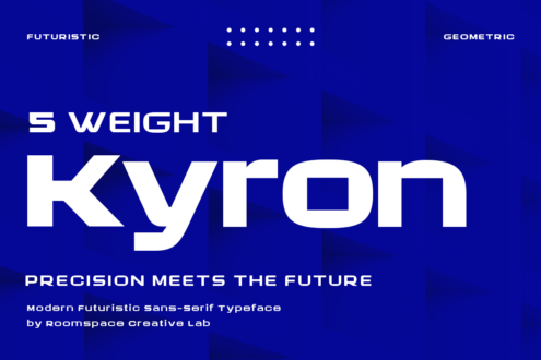 Kyron 5 weight futuristic geometric sans serif typeface with tagline precision meets the future