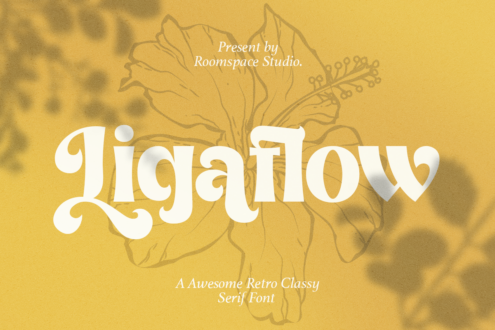 Ligaflow serif font in cream on mustard yellow background with botanical illustration
