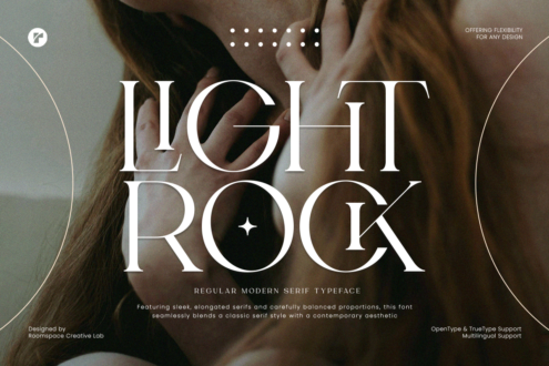 Light Rock serif font sample on warm toned portrait photo with geometric dot pattern overlay