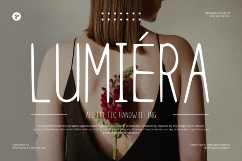 Lumiera typeface display overlaid on photograph of woman's back with bouquet, elegant handwriting font sample
