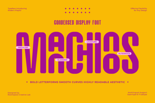 Modern Playful condensed display font in purple letters spelling Imagros on yellow background with style variations