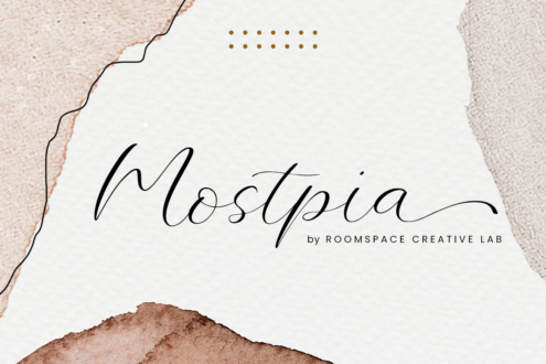 Mostpia script font displayed on textured paper with watercolor accent