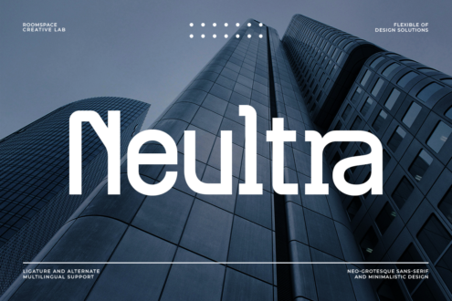 Neutra font displayed over modern skyscrapers with geometric dot pattern