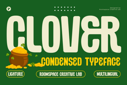 Clover Condensed Typeface display with pot of gold coins on dark green background