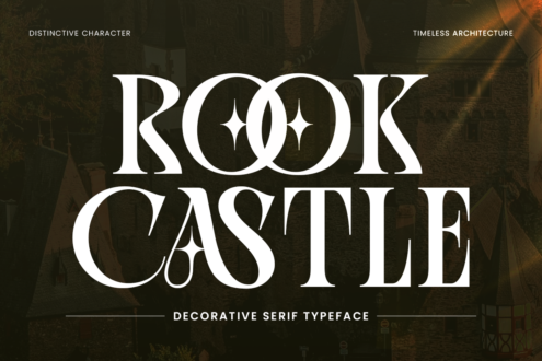 Rook Castle decorative serif typeface display over moody castle architecture background