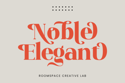 Noble Elegant serif typeface showcase with red letters on cream with dot pattern