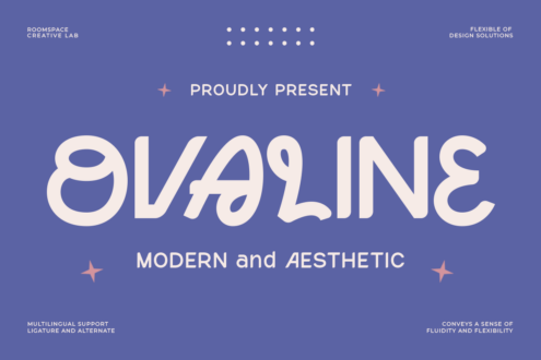 Ovaline font showcase on blue background, large cream letters, modern aesthetic, dot pattern, star accents