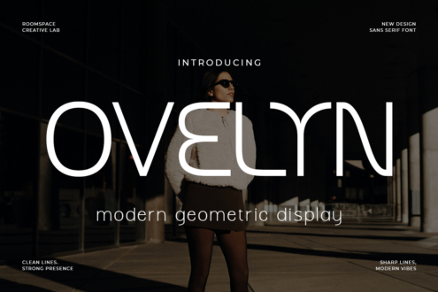 Oveln geometric display font on dark background with model in sunglasses