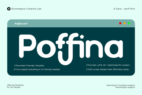 Poffina sans serif font displayed in white on teal background with rounded friendly letterforms