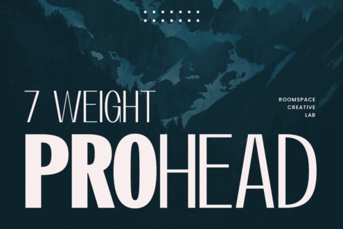 Prohead font display on teal map background, 7 weight options, Roomspace Creative Lab