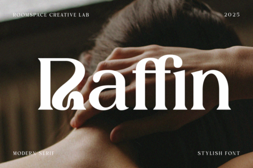 Modern serif typeface specimen displaying raafin font over hands imagery
