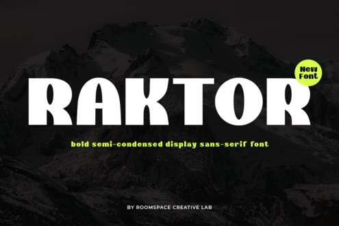 Raktor typeface showing semi-condensed sans-serif letters on dark backdrop