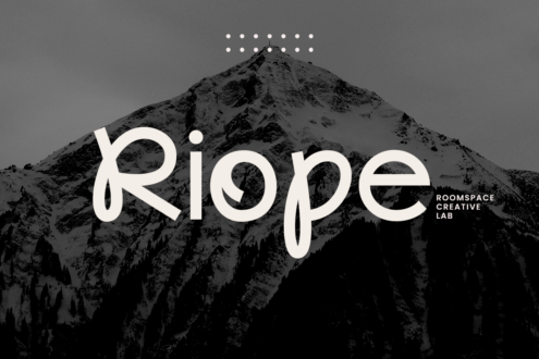 Riope typeface logo over snowy mountain landscape with dot pattern overlay