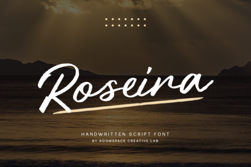 Roseira script font on landscape background with decorative dots pattern