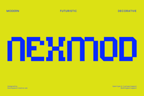 Yellow background showing NexMod font in large blue letters with attributes listed