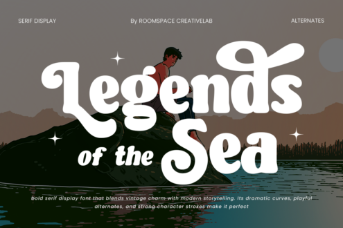 Legends of the Sea bold serif display font with illustrated figure on mountain