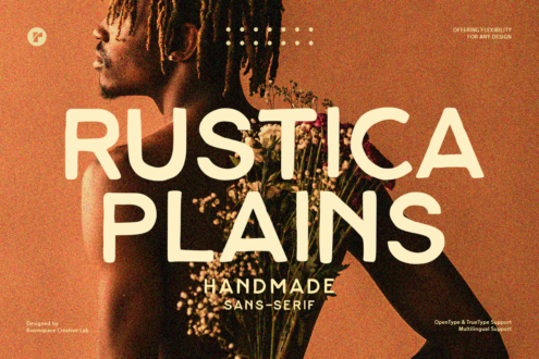 Rustica Plains handmade sans serif font over portrait with warm orange grain texture overlay