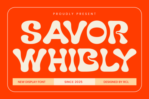 Savor Whiskey display font showcase on bright orange with cream letterforms