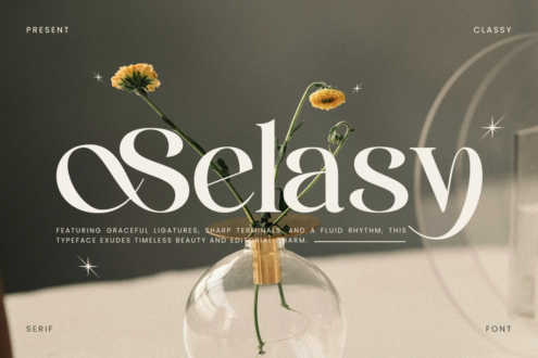 Oselas serif font displayed with yellow flowers in glass vase on neutral background