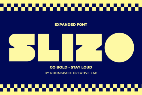 Sleizo expanded font display with yellow letters on navy, checkered border pattern
