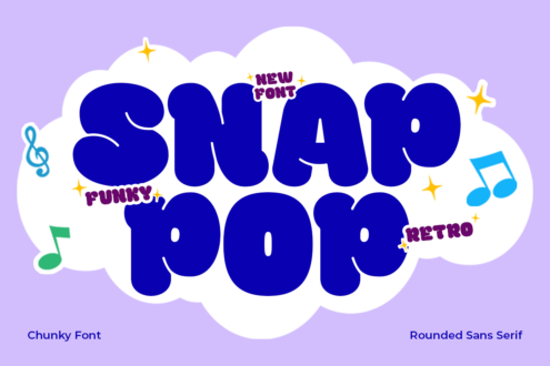Snap pop font inside cloud shape with musical notes, funky retro style on purple background