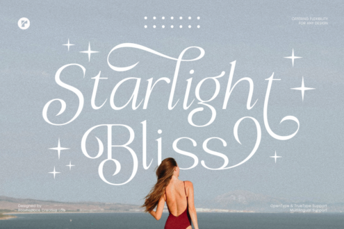 Woman viewing ocean with large decorative serif font displaying brand name