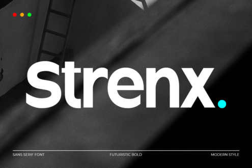 Strenx sans serif font in white with cyan dot on dramatic dark textured background