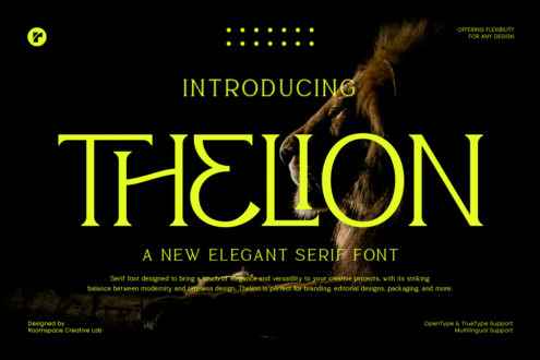 Thelion serif font showcase with neon yellow letters on black backdrop with animal imagery