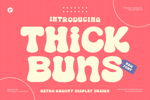 Thick Buns retro groovy display font introduction pink grid background