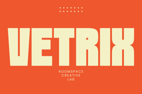 Veth display in cream on bright orange background with Roomspace Creative Lab text below