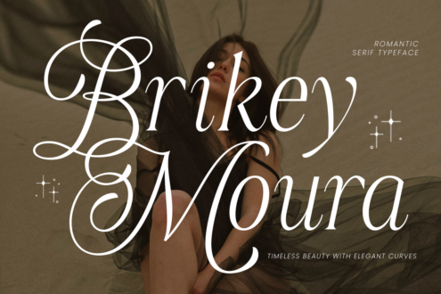 Brikev Moura romantic serif typeface displayed over woman portrait with neon accents