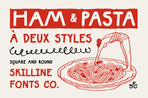 Red pasta bowl illustration with Ham & Pasta title, two font styles shown