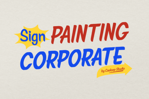 Retro sign painting text in red, blue, yellow with stars arrow elements