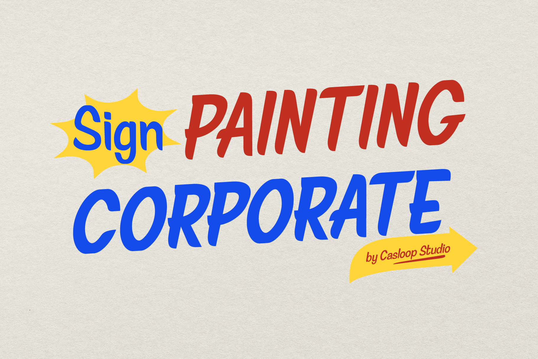 Retro sign painting text in red, blue, yellow with stars arrow elements