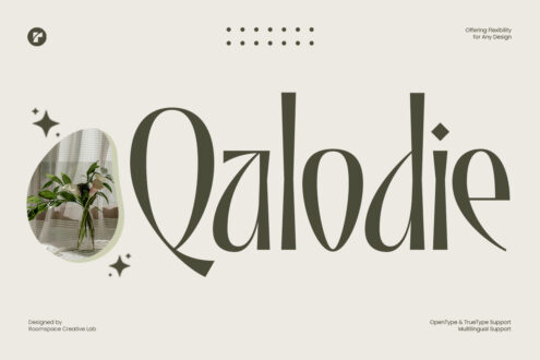 Qalodis font with fresh flower stems in rounded frame on soft neutral background