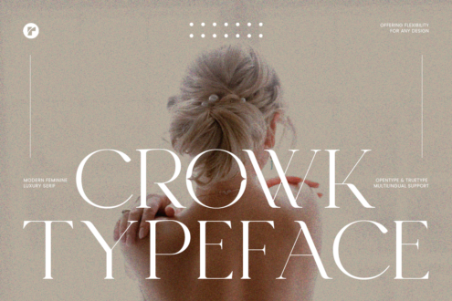 Crowk typeface display with modern feminine serif letters overlaid on woman's hair bun
